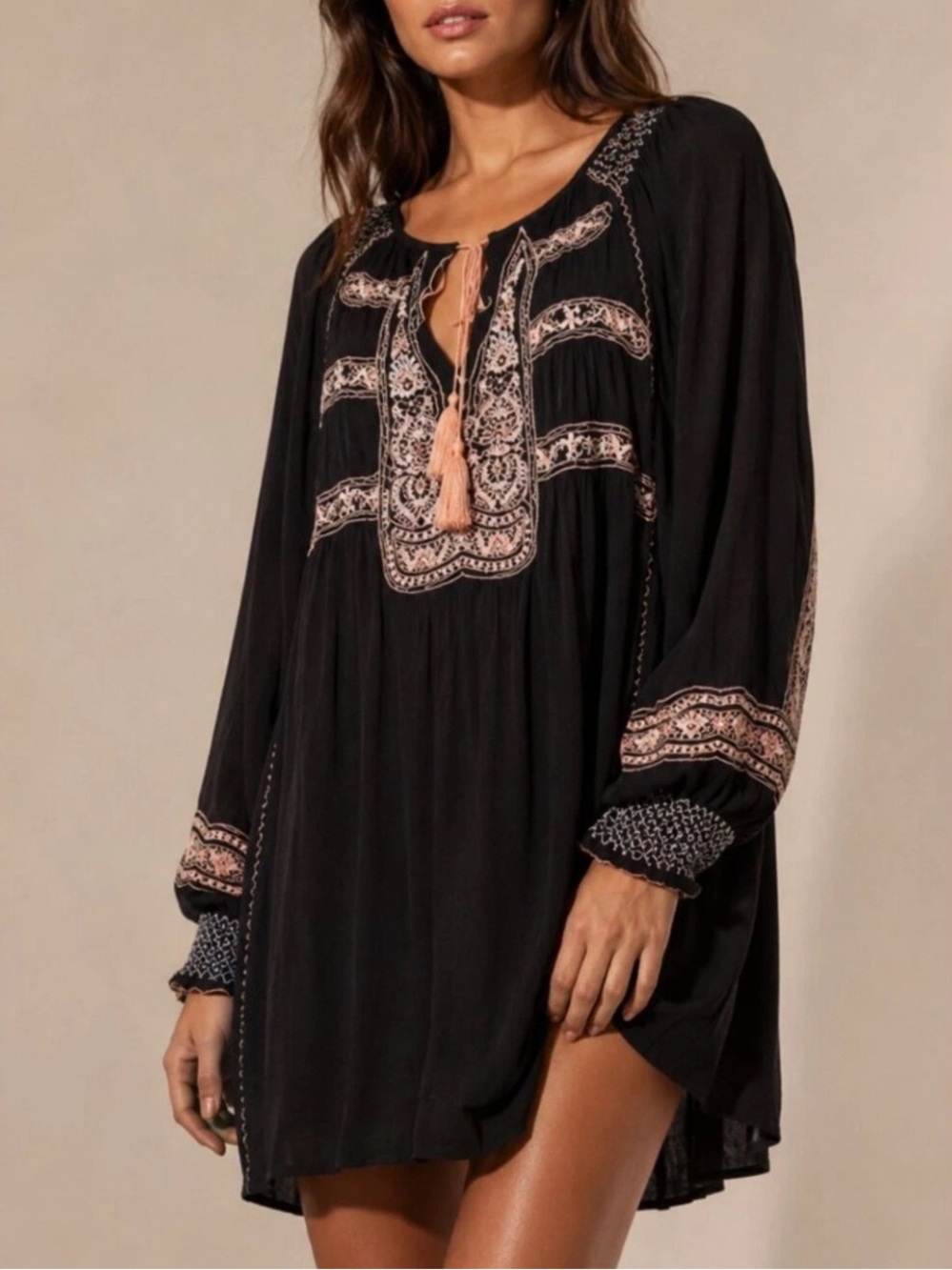Free People Wind Willow Embroidered Peasant Boho Tunic Mini Dress Black Size XS